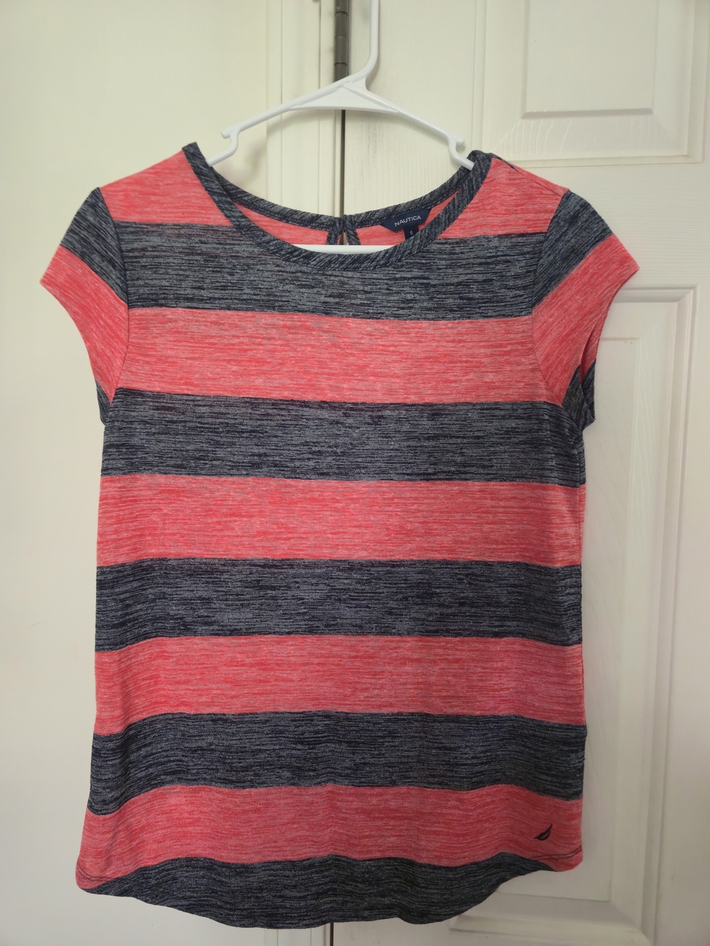 Nautica Girls' Coral and Navy Striped Short Sleeve Top